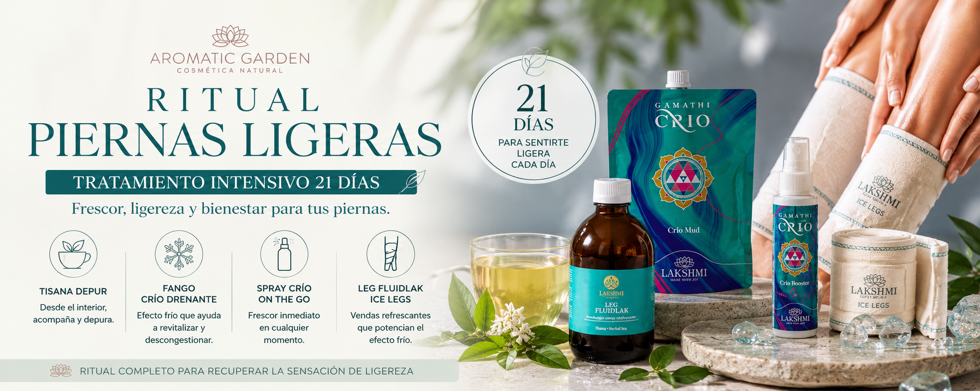 Ritual Piernas Ligeras · Tratamiento intensivo 21 días con Tisana Depur, Fango Crío Drenante, Spray Crío On The Go y Leg Fluidlak Ice Legs